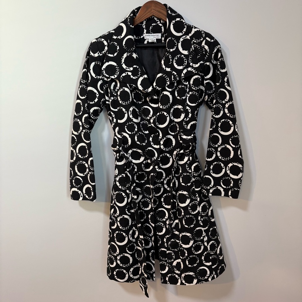 XS Black White Graphic Statement Trench Coat Mod Belted Wrap